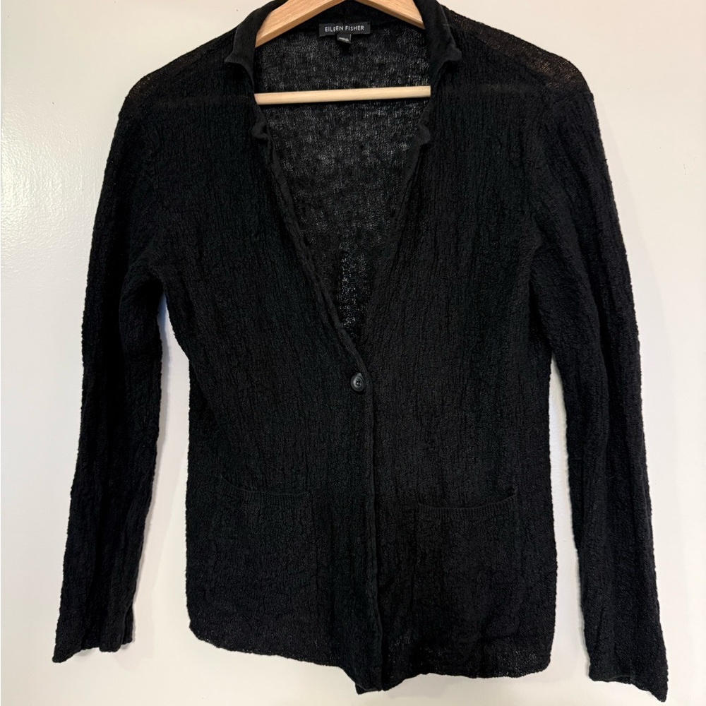 Womens Eileen Fisher Black Organic Linen Cardigan Sweater S/P